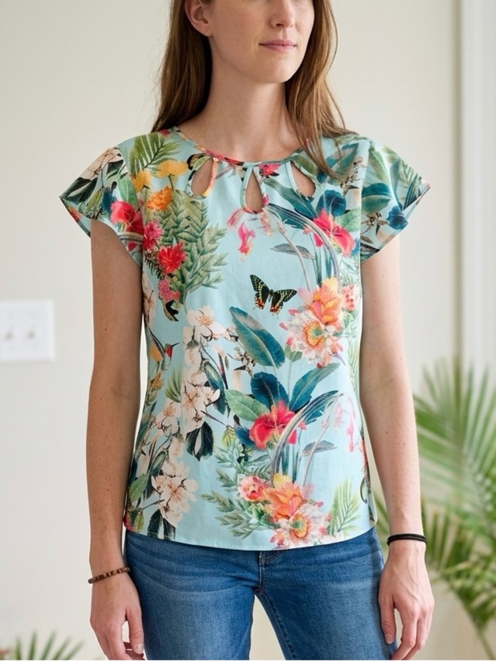 Talbots Mint Blue Tropical Print Blouse with Coral Accents